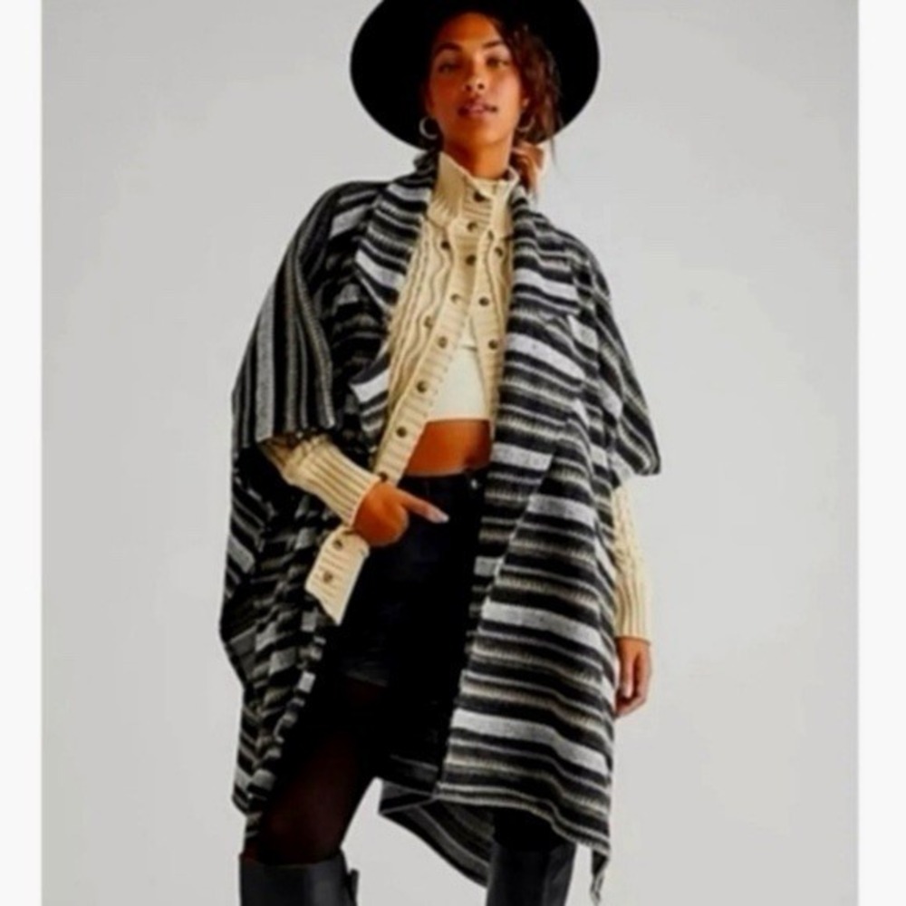 FREE PEOPLE X Jackson Stripe Oversized Poncho $148 ONESIZE Black
